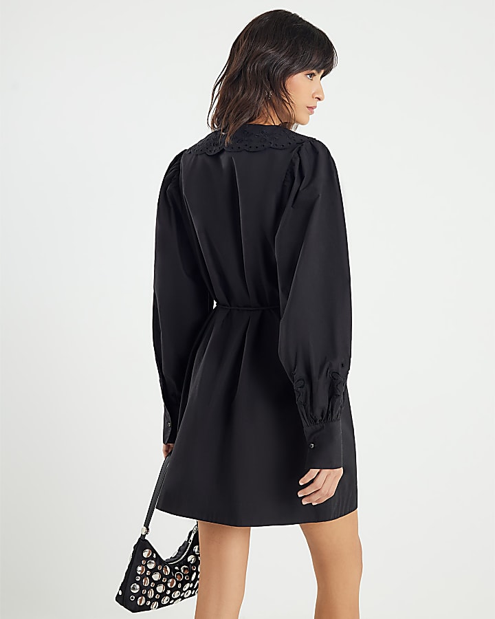 Black Collared Mini Shirt Dress