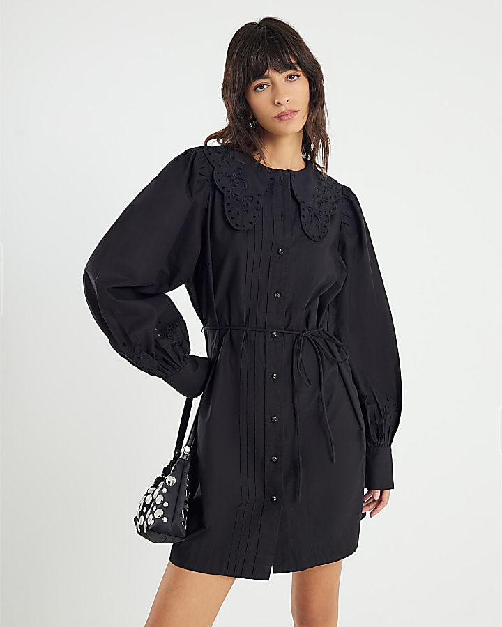 Black Collared Mini Shirt Dress