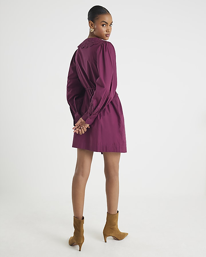 Red Scalloped Collar Mini Shirt Dress