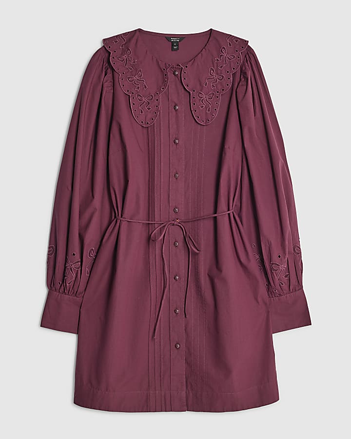Red Scalloped Collar Mini Shirt Dress