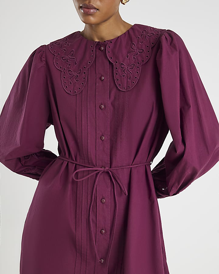 Red Scalloped Collar Mini Shirt Dress