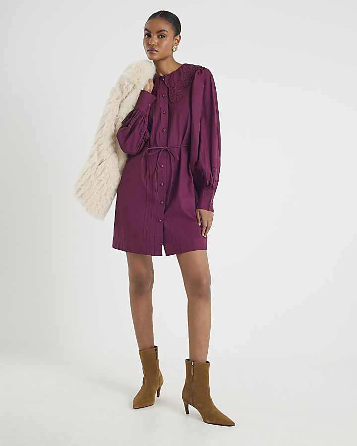 Red Scalloped Collar Mini Shirt Dress