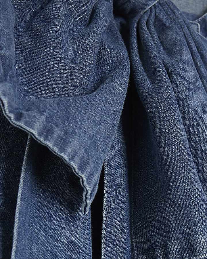 Blue Denim Long Sleeve Pussybow Blouse