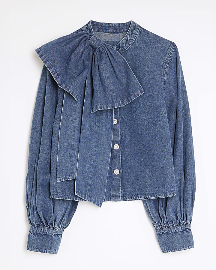 Blue Denim Long Sleeve Pussybow Blouse