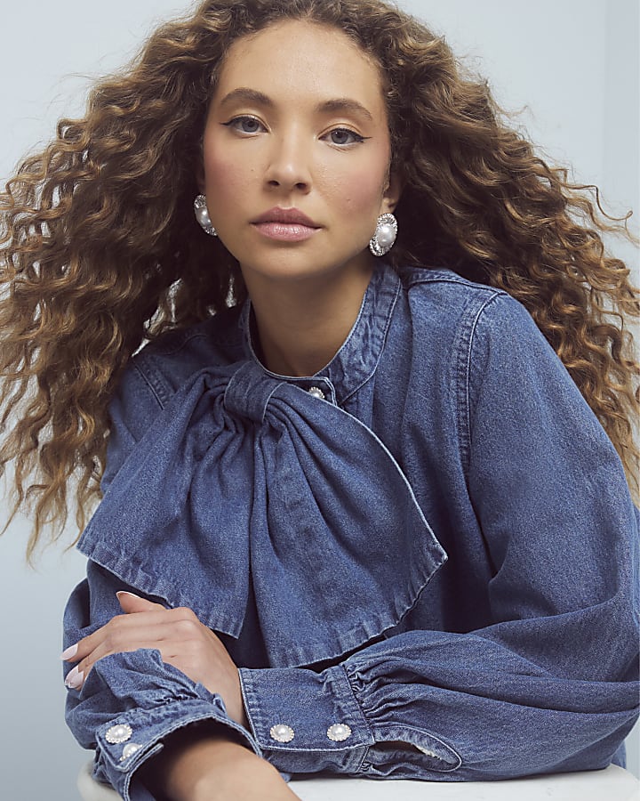Blue Denim Long Sleeve Pussybow Blouse