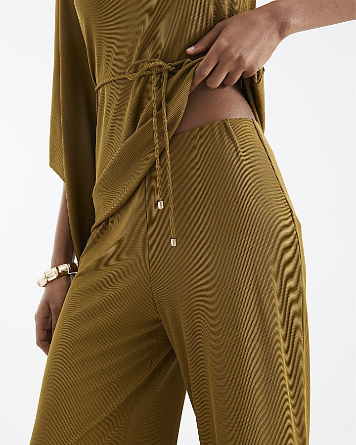 Green Ribbed Wide Leg Trousers