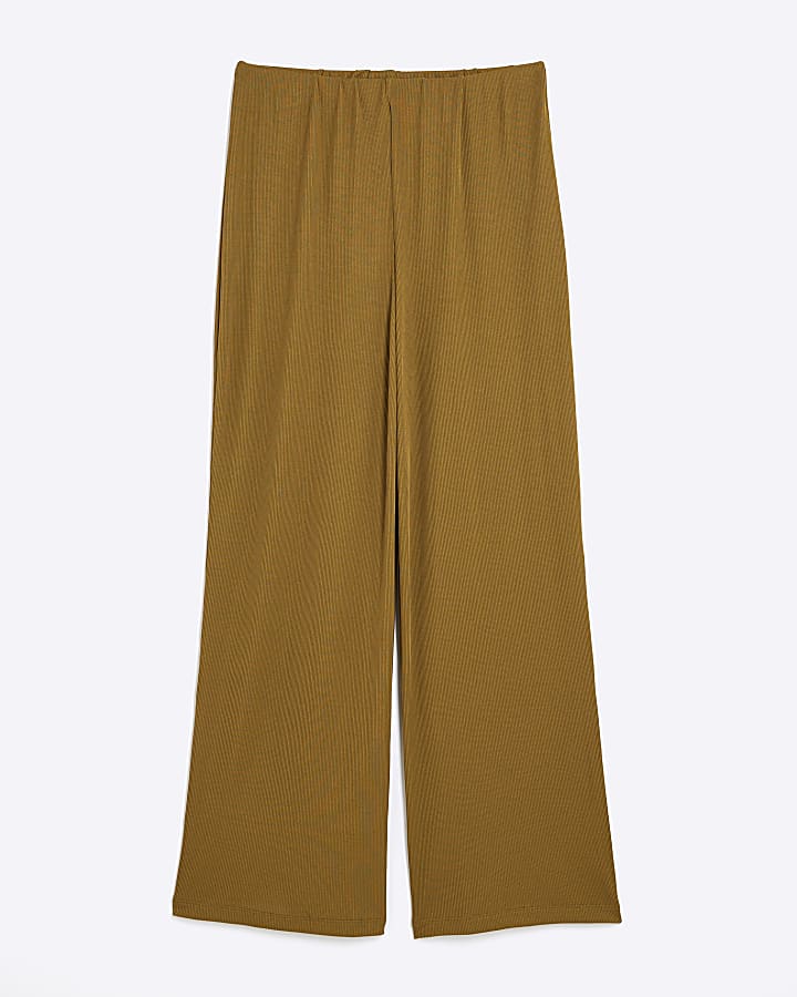 Green Ribbed Wide Leg Trousers