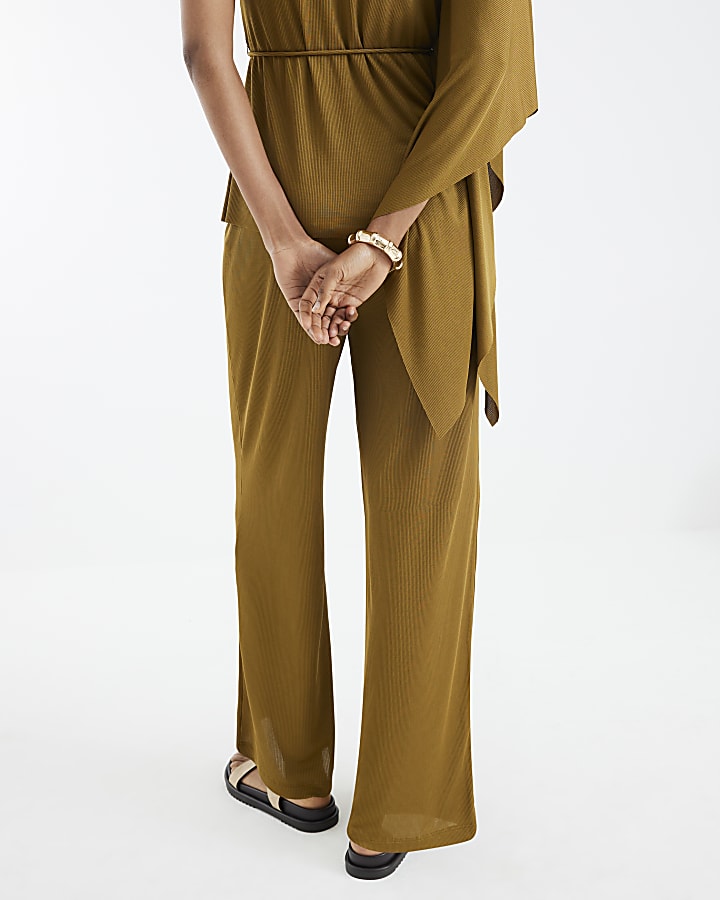 Green Ribbed Wide Leg Trousers