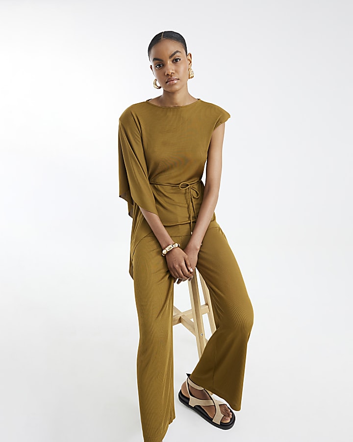 Green Ribbed Wide Leg Trousers