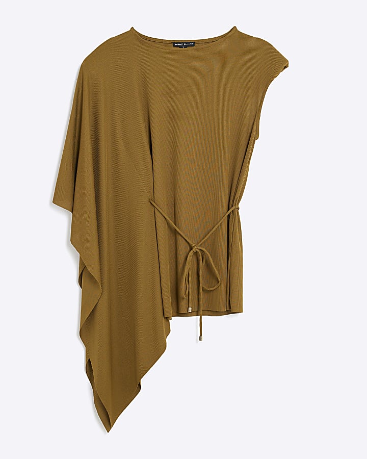 Green Short Sleeve Cape Ribbed Belted Top