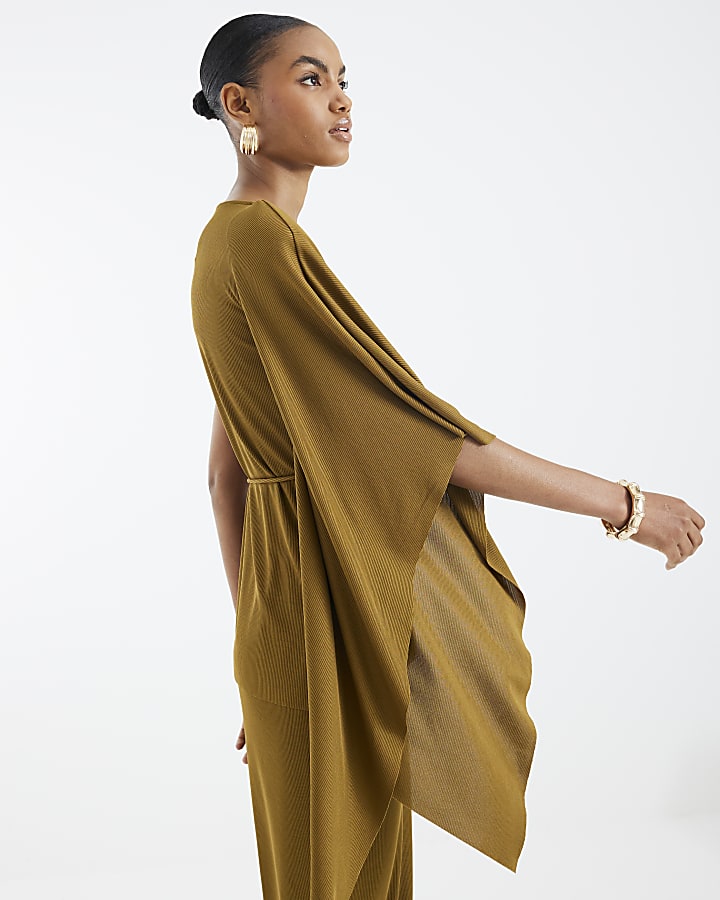 Green Short Sleeve Cape Ribbed Belted Top
