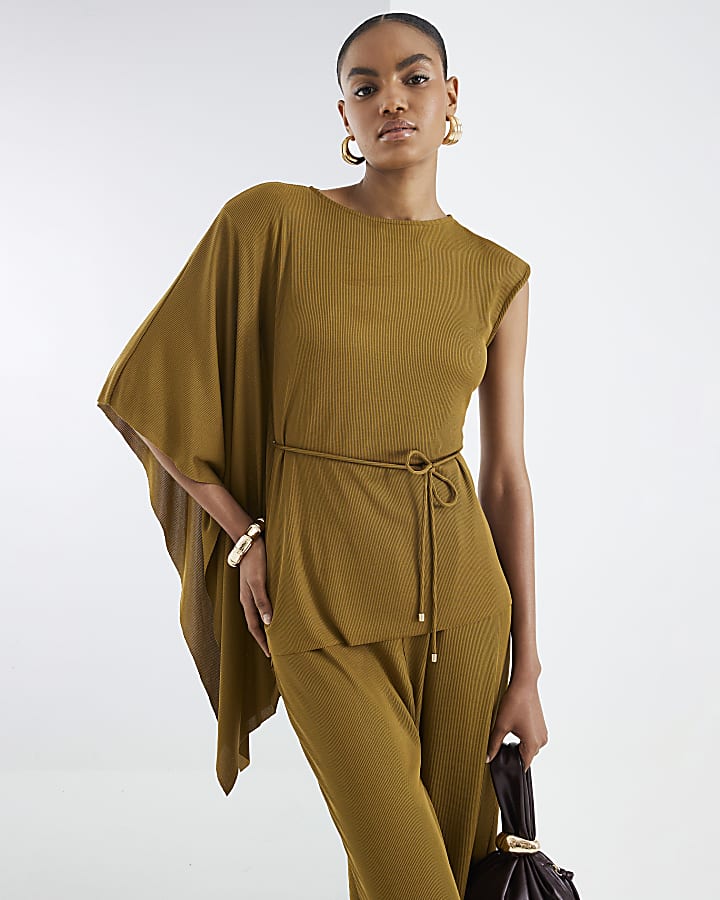 Green Short Sleeve Cape Ribbed Belted Top
