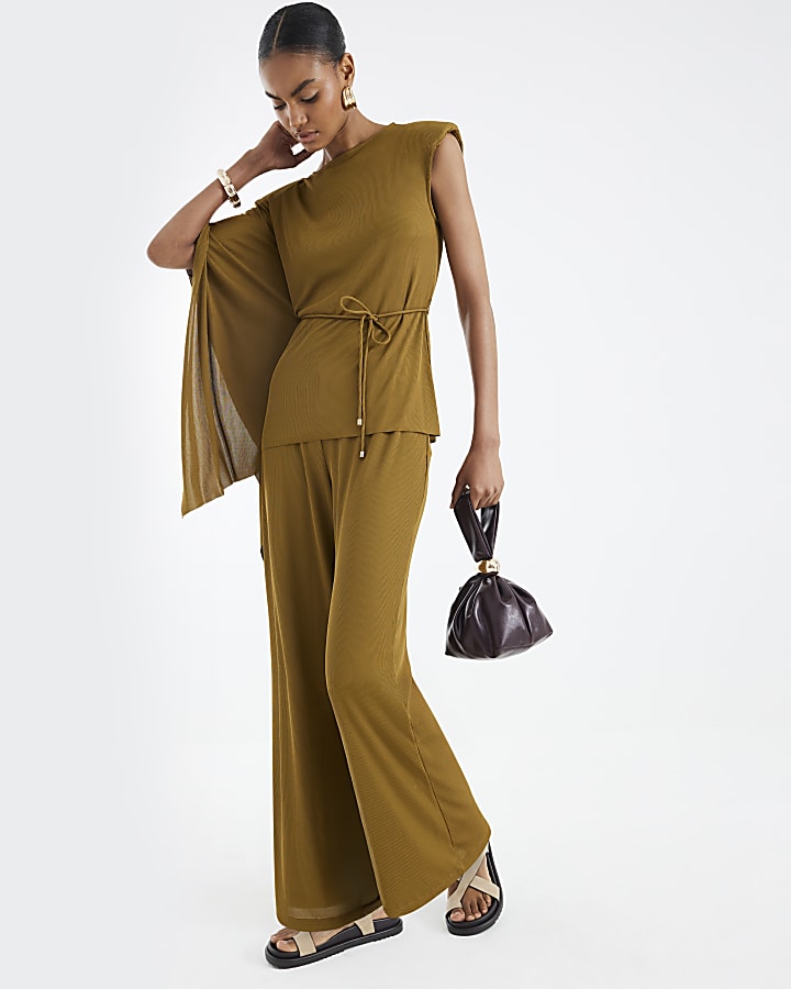 Green Short Sleeve Cape Ribbed Belted Top