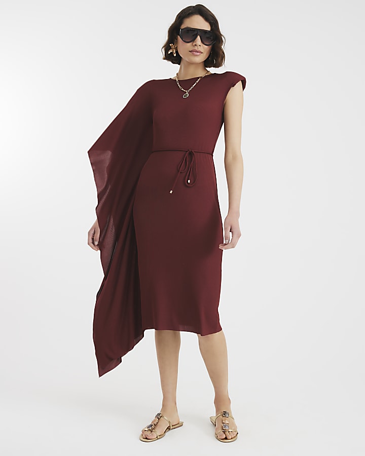 Rust Cape Ribbed Belted Midi Dress