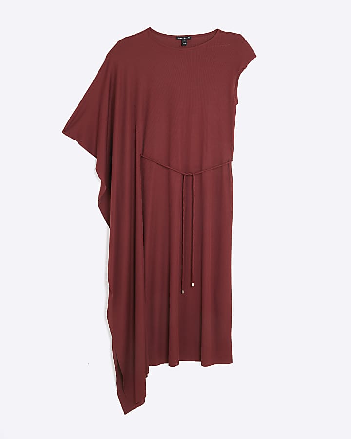 Rust Cape Ribbed Belted Midi Dress