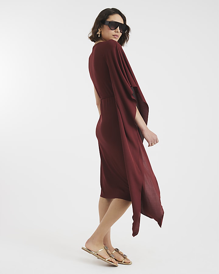 Rust Cape Ribbed Belted Midi Dress
