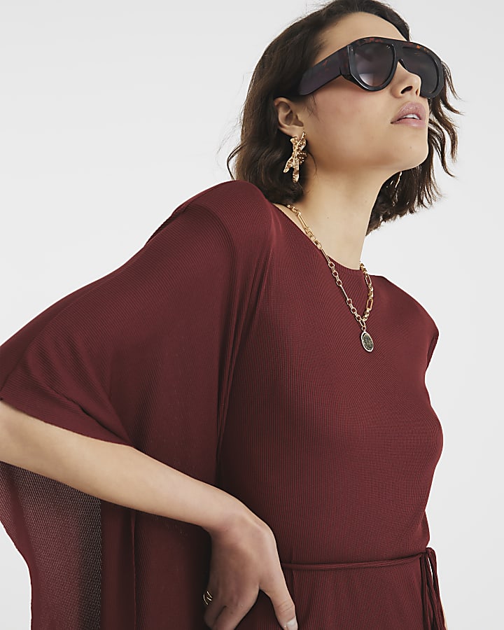 Rust Cape Ribbed Belted Midi Dress