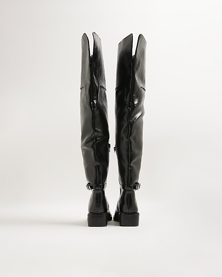 Black Thigh High Buckle Boots