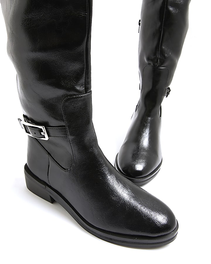 Black Thigh High Buckle Boots