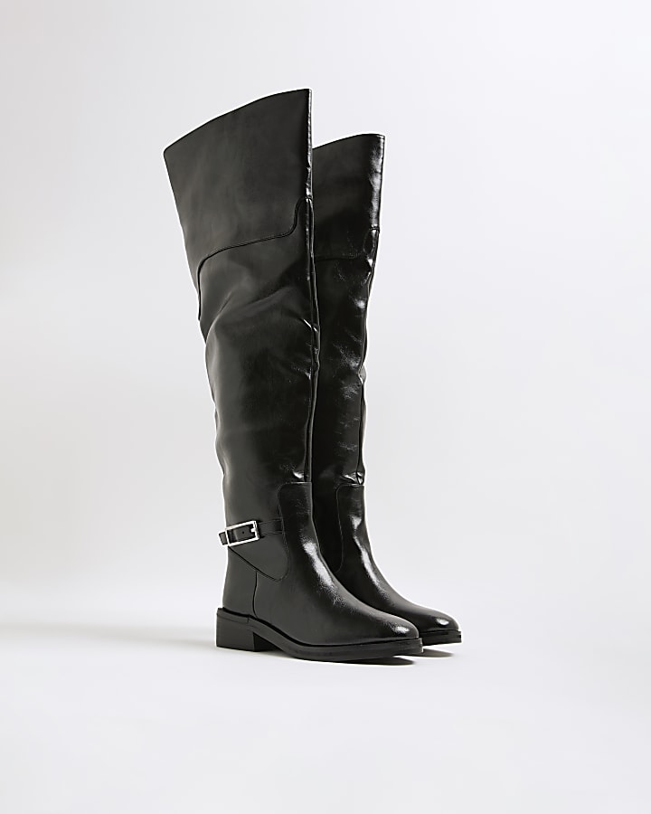 Black Thigh High Buckle Boots