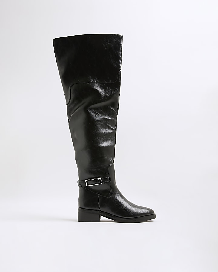 Black Thigh High Buckle Boots