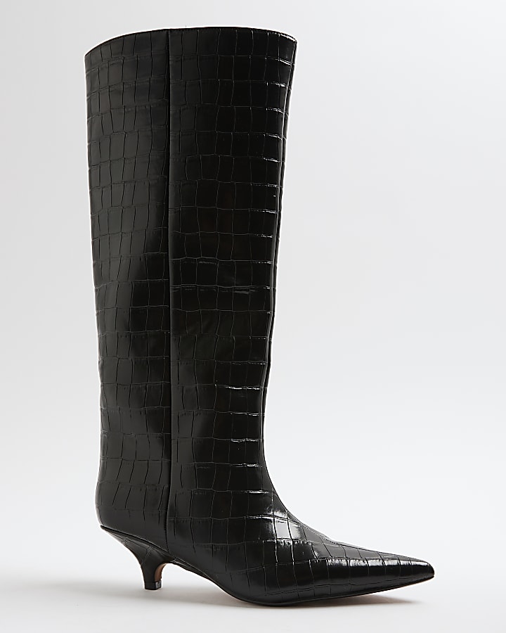 Black Croc Print Knee High Boots