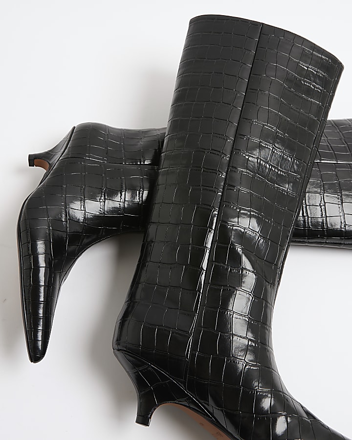 Black Croc Print Knee High Boots