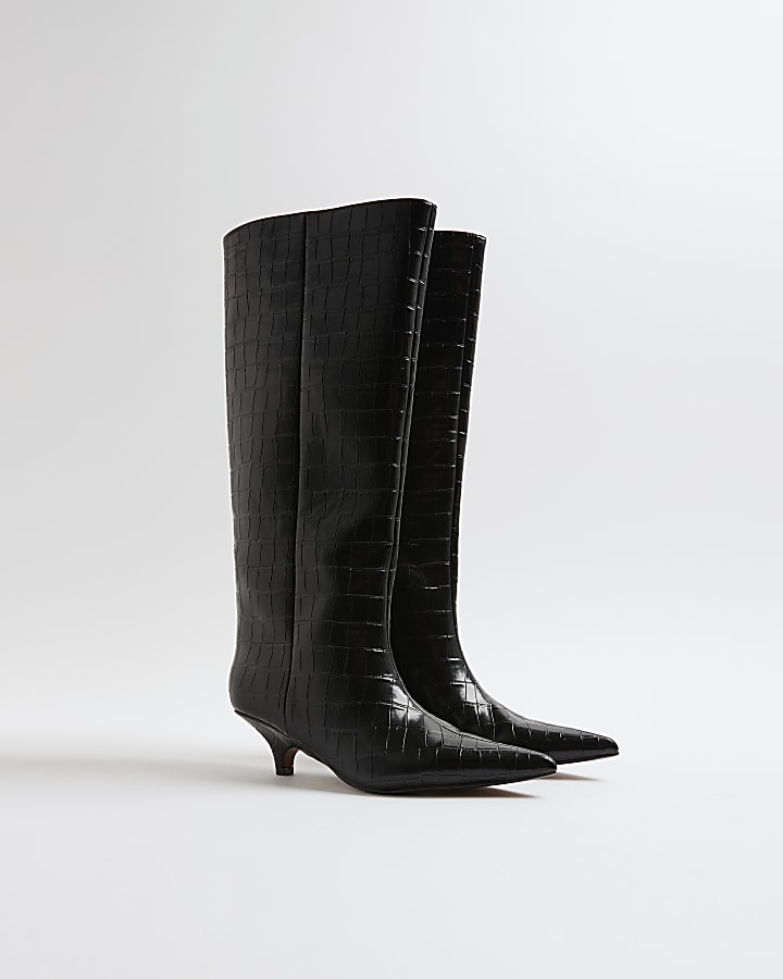 Black Croc Print Knee High Boots
