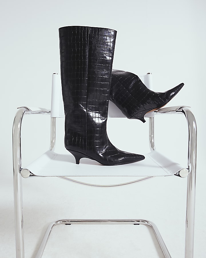 Black Croc Print Knee High Boots