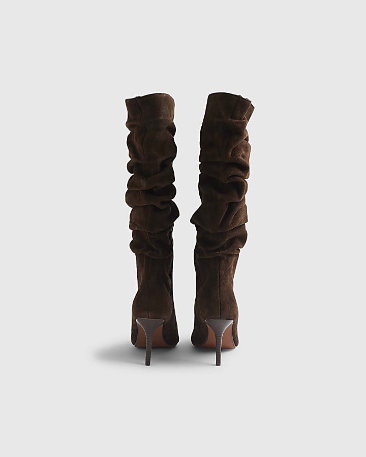 Brown Suede Slouch High Leg Boots
