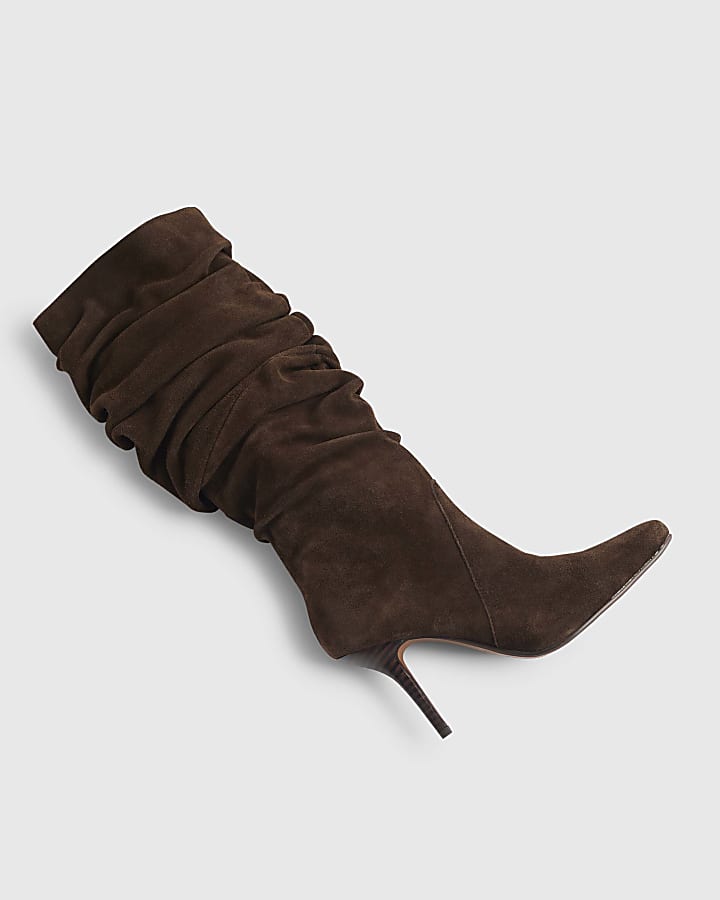 Brown Suede Slouch High Leg Boots