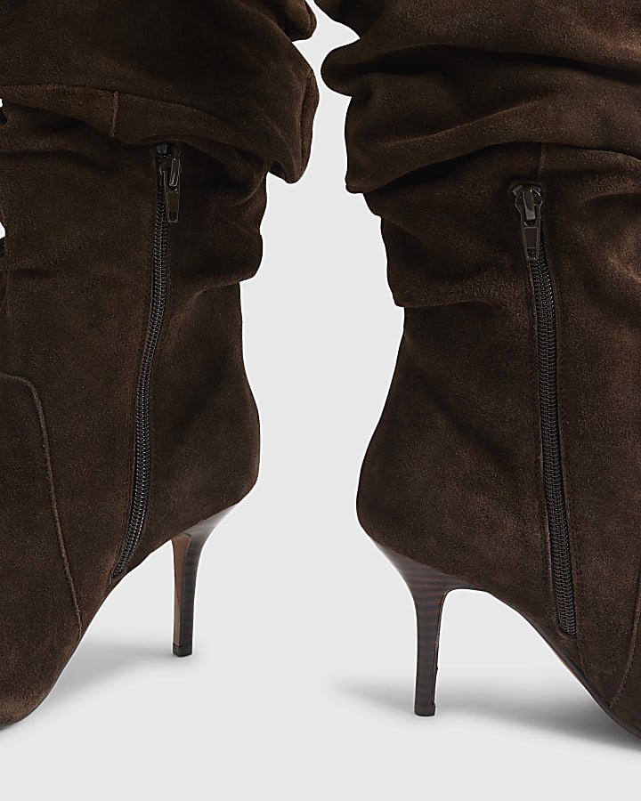 Brown Suede Slouch High Leg Boots