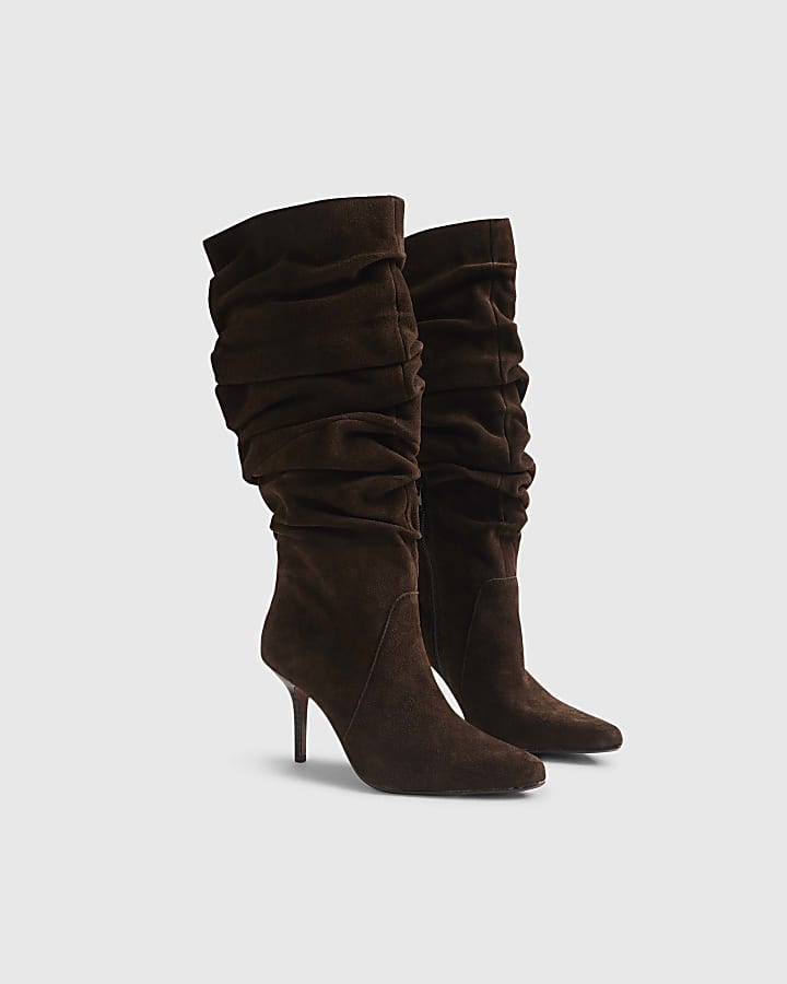 Brown Suede Slouch High Leg Boots