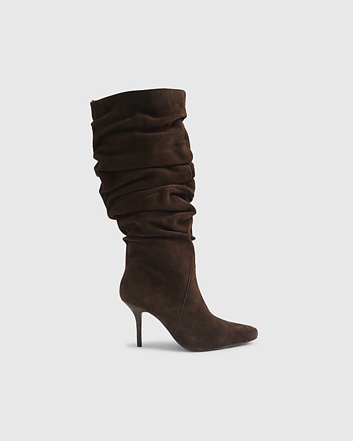 Brown Suede Slouch High Leg Boots