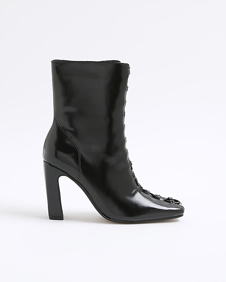 Black Lace Up Heeled Boots