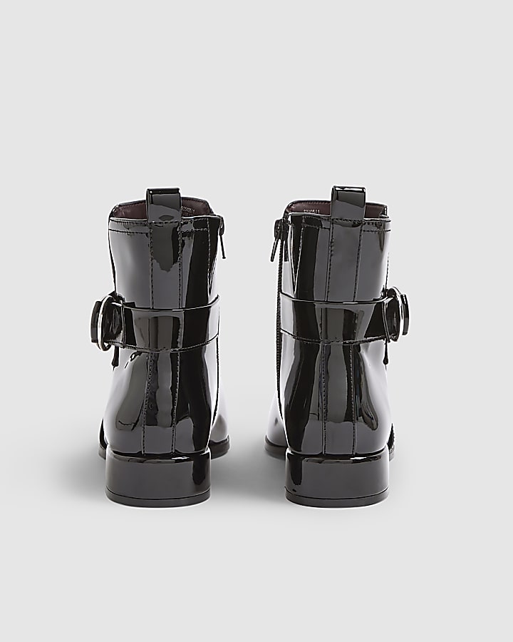 Black Patent Low Block Heel Buckle Boots