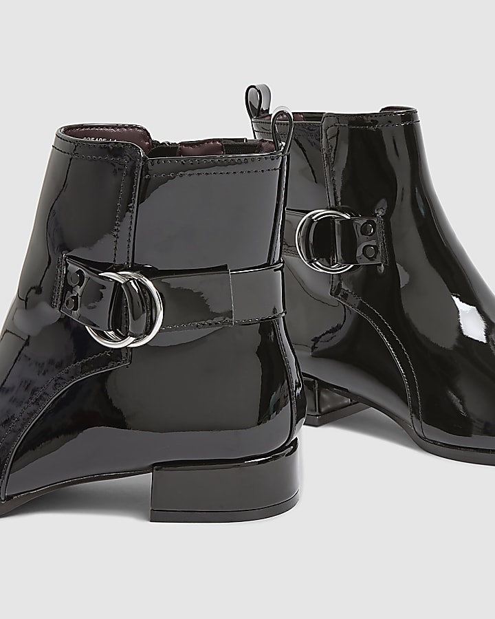 Black Patent Low Block Heel Buckle Boots