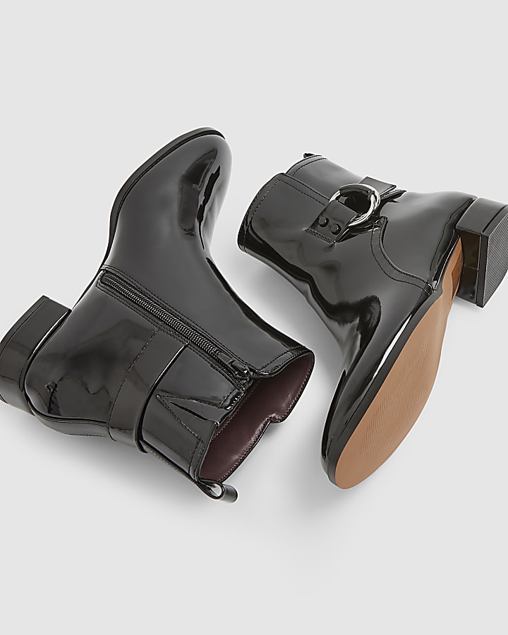 Black Patent Low Block Heel Buckle Boots