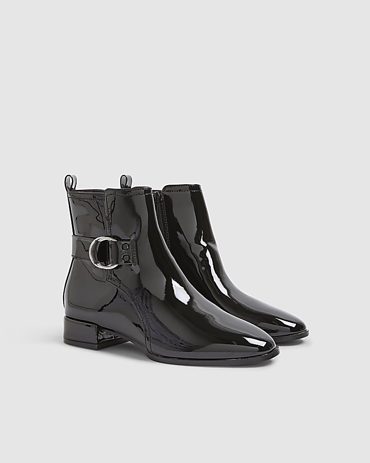Black Patent Low Block Heel Buckle Boots