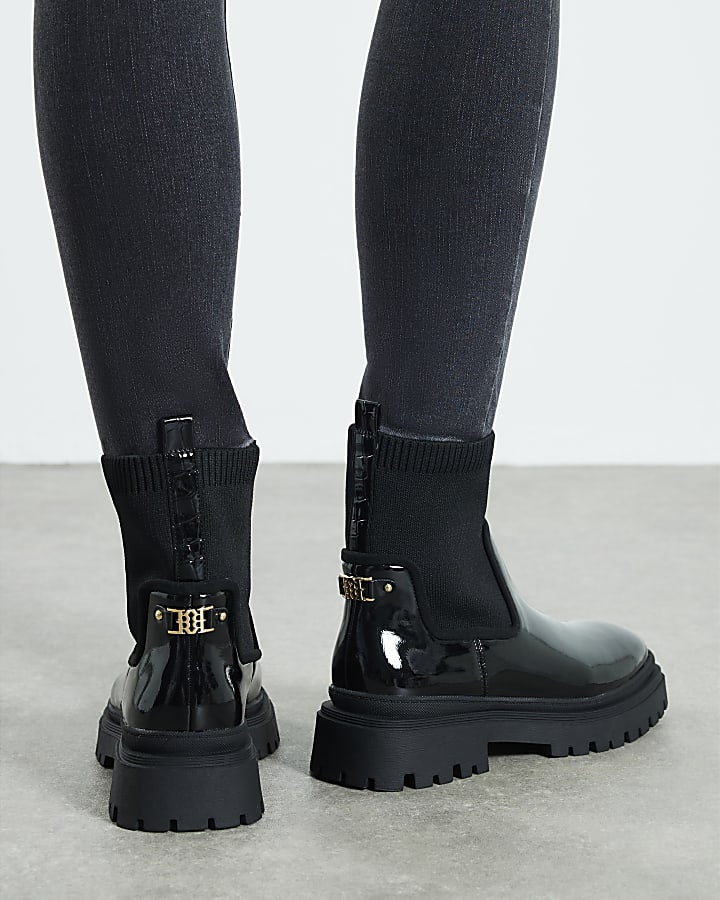 Black Wide Fir Knit Chunky Ankle Boots
