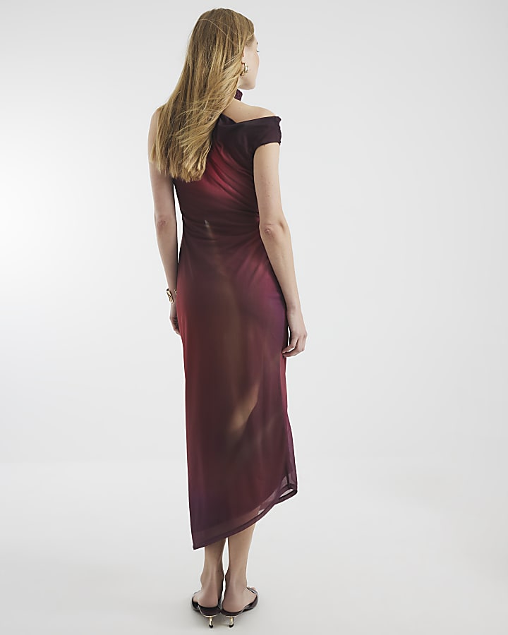 Red Sleeveless High Neck Mesh Midi Dress