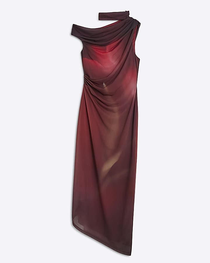 Red Sleeveless High Neck Mesh Midi Dress