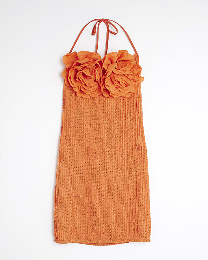 Orange Corsage Halter Neck Mini Dress