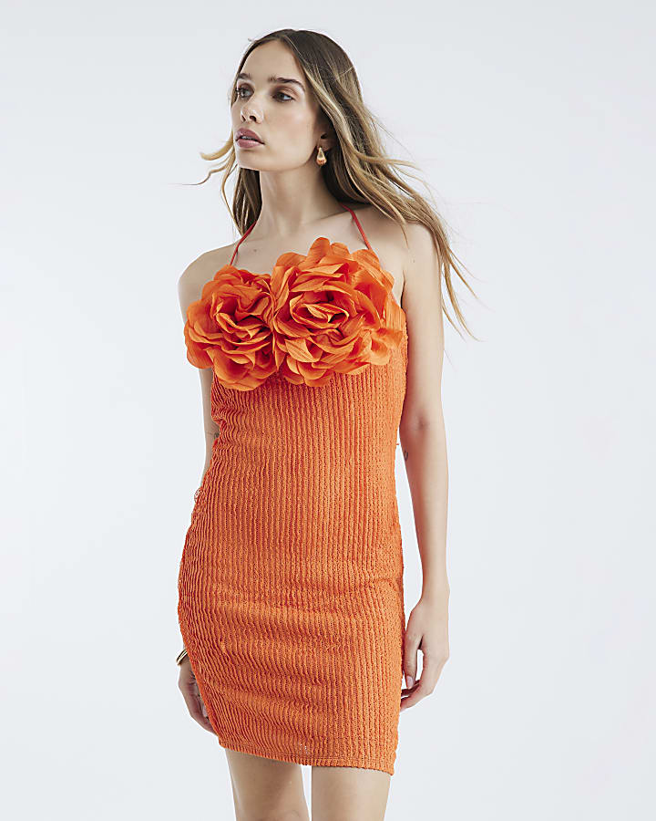 Orange Corsage Halter Neck Mini Dress