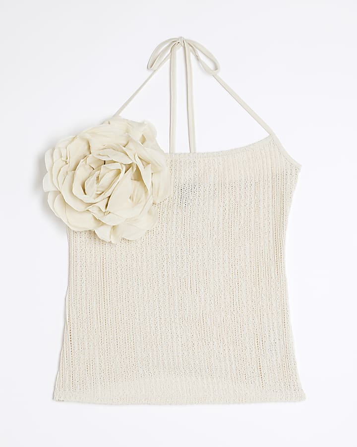 Cream Sleeveless Corsage Halter Neck Top