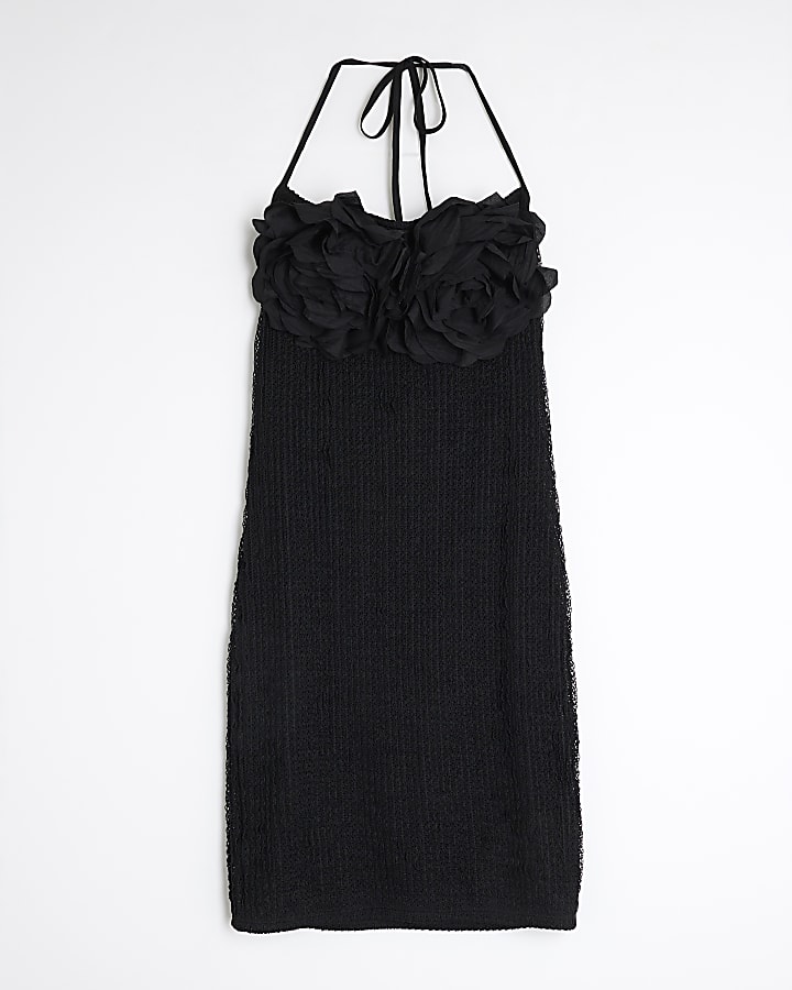 Black Corsage Halter Neck Mini Dress