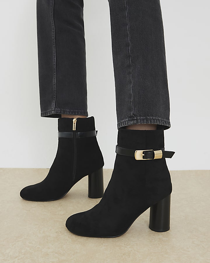 Black Wide Fit Faux Suede buckle boots