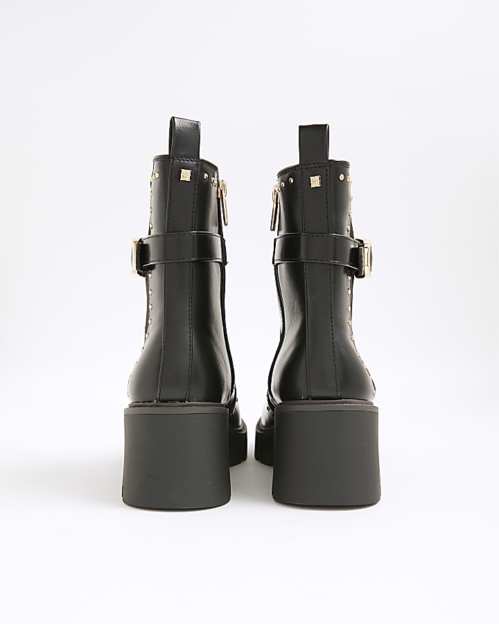 Black Wide Fit Studded Buckle Wedge Boots