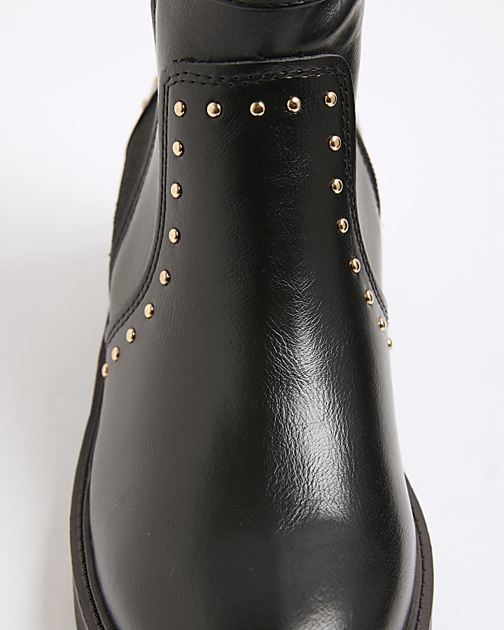 Black Wide Fit Studded Buckle Wedge Boots