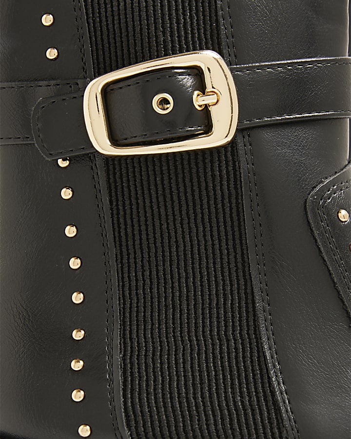 Black Wide Fit Studded Buckle Wedge Boots